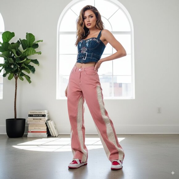 J.ing High Waisted Pink & White Baggy Jeans Size L NWT - Picture 1 of 8